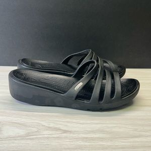 Crocs Women's 9 W Rhonda Wedge Slide Comfort Strappy Sandals Black Lightweight